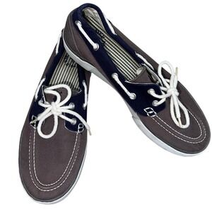 Polo Ralph Lauren Lander Boat Shoes Navy Brown Canvas Lace Up Women Size 8D